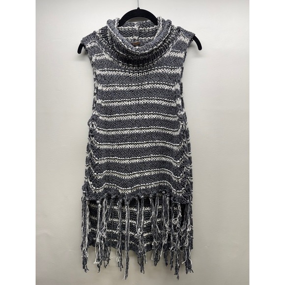 Free People Sweaters - Free People Sweater Vest Womens Medium Grey Striped Fringe Cowl‎ Neck Sleeveless